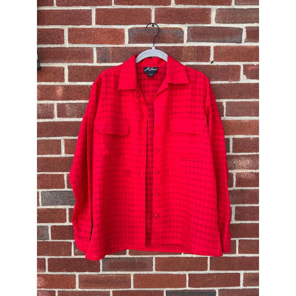 Milano Red Checkered Button Front Blouse Shirt Women Small Long Sleeve Vintage - Picture 2 of 9